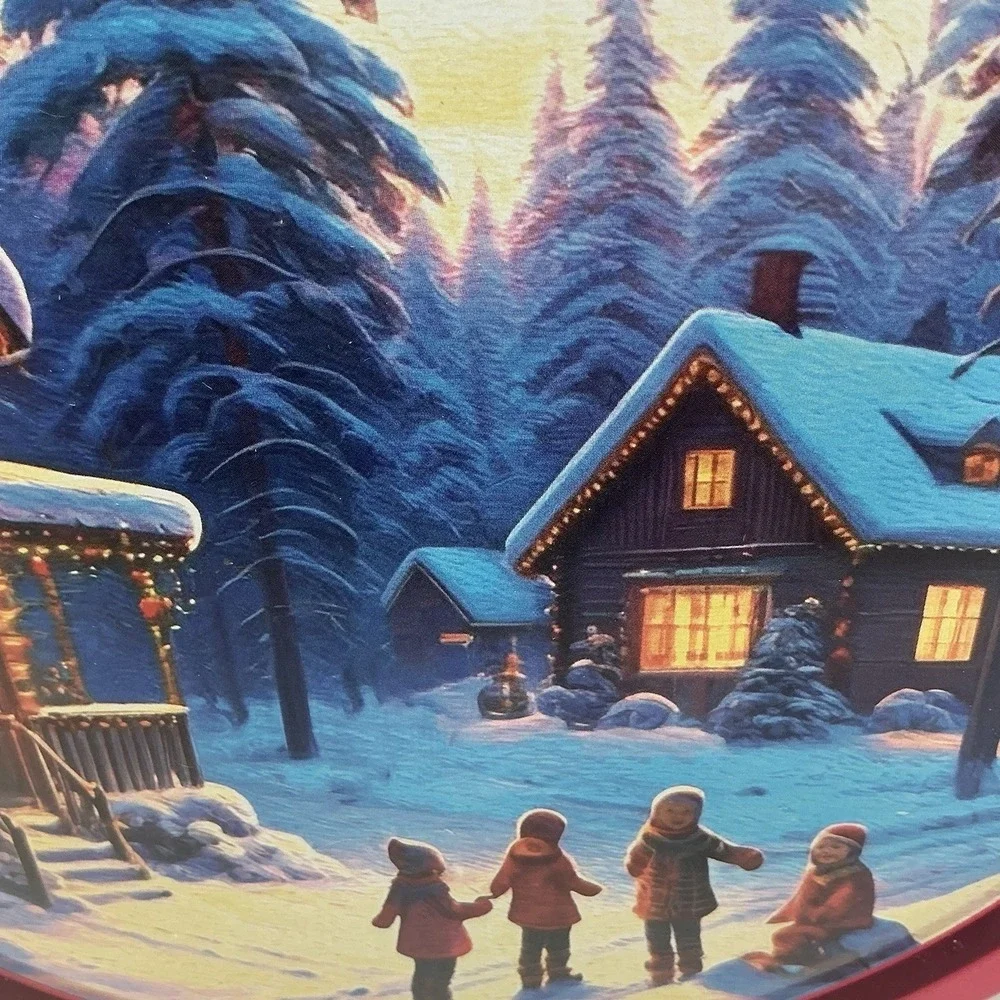 Kelsen Danish Butter Cookies Red Holiday Tin, Children & Lit Forest Cabins-Empty